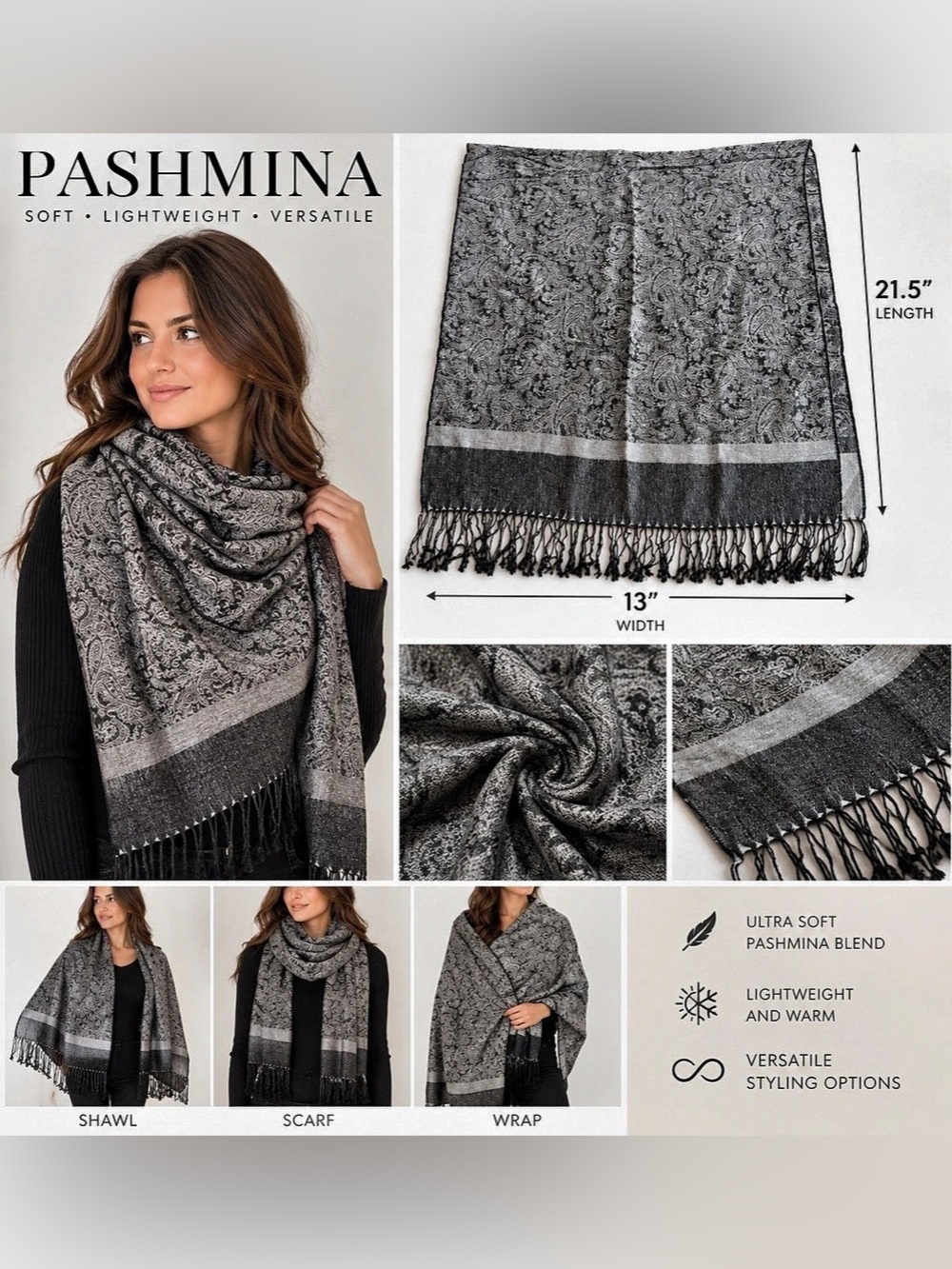 Pashmina Paisley Scarf in Gray & Black Like New
